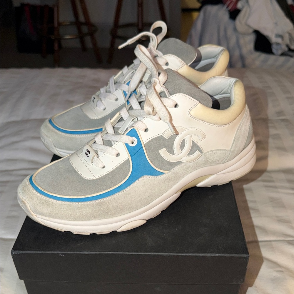CHANEL Cream and Blue Athletic Shoes